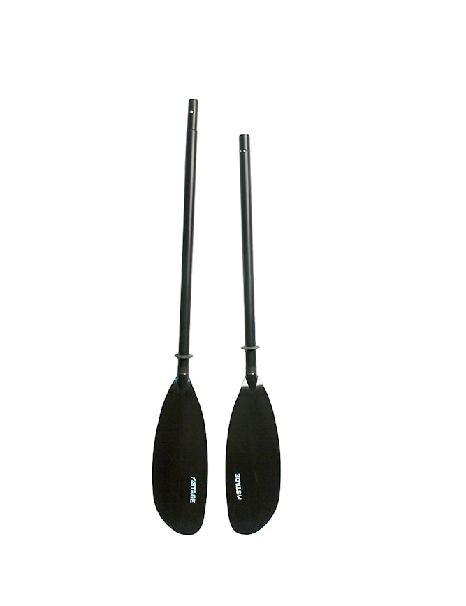 The STAGE 2-Piece Aluminum Kayak Paddle in Black breaks down into two pieces for easy transportation and storage